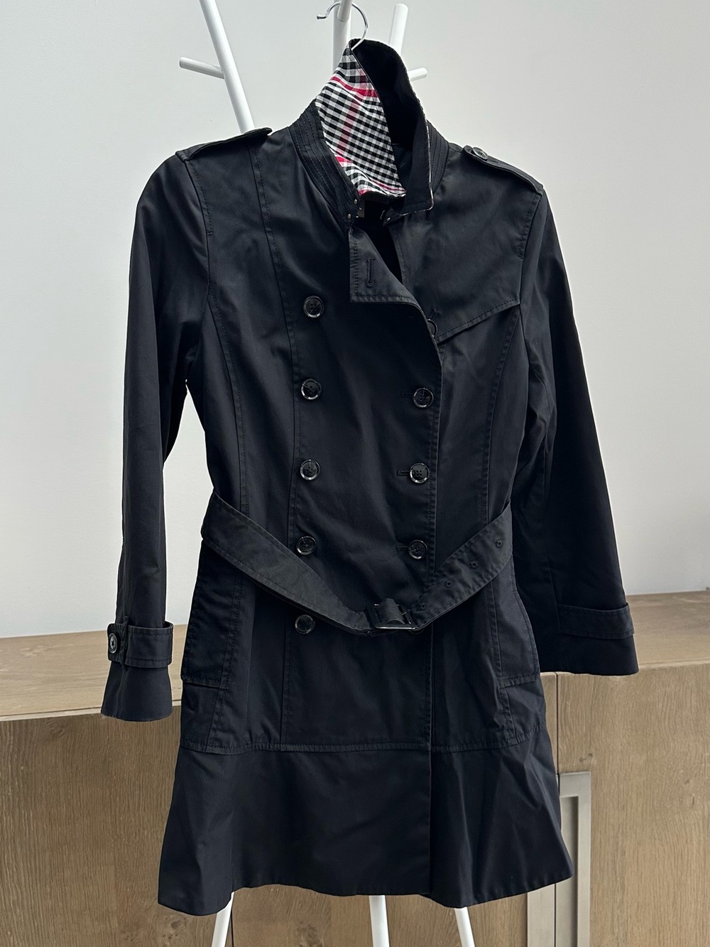 Banana Republic Black Double-Breasted Trench Coat with Check Collar